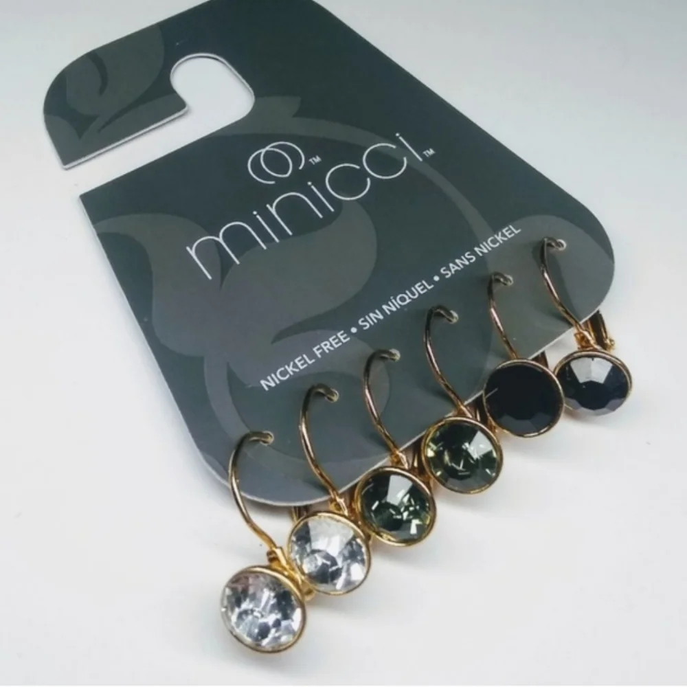 Minicci 3 Pairs of Gold-tone Leverback Earrings Black, Green & Clear Crystal NWT